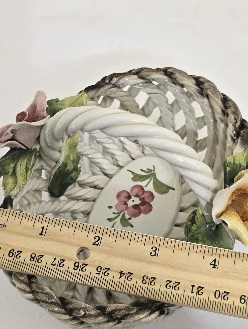 vintage CAPODIMONTE Porcelain Floral Basket Italian Made Trinket Tray White